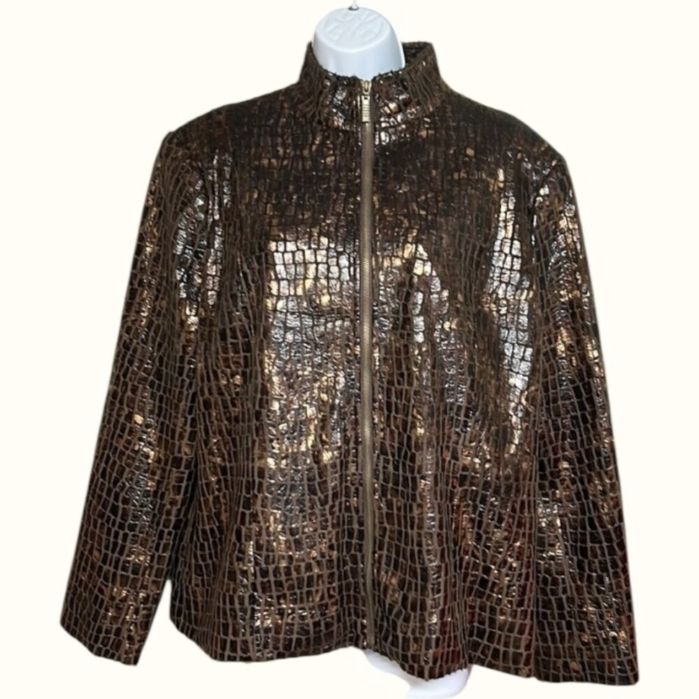 Classic Shiny Brown Faux Alligator Zip Front Jacket  Old Money Vibe NWT